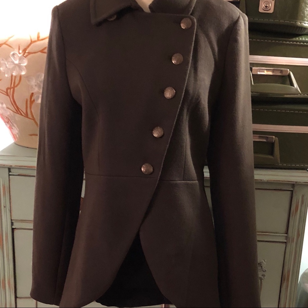 XXI green military style asymmetrical lined jacket coat cool hardware M EUC